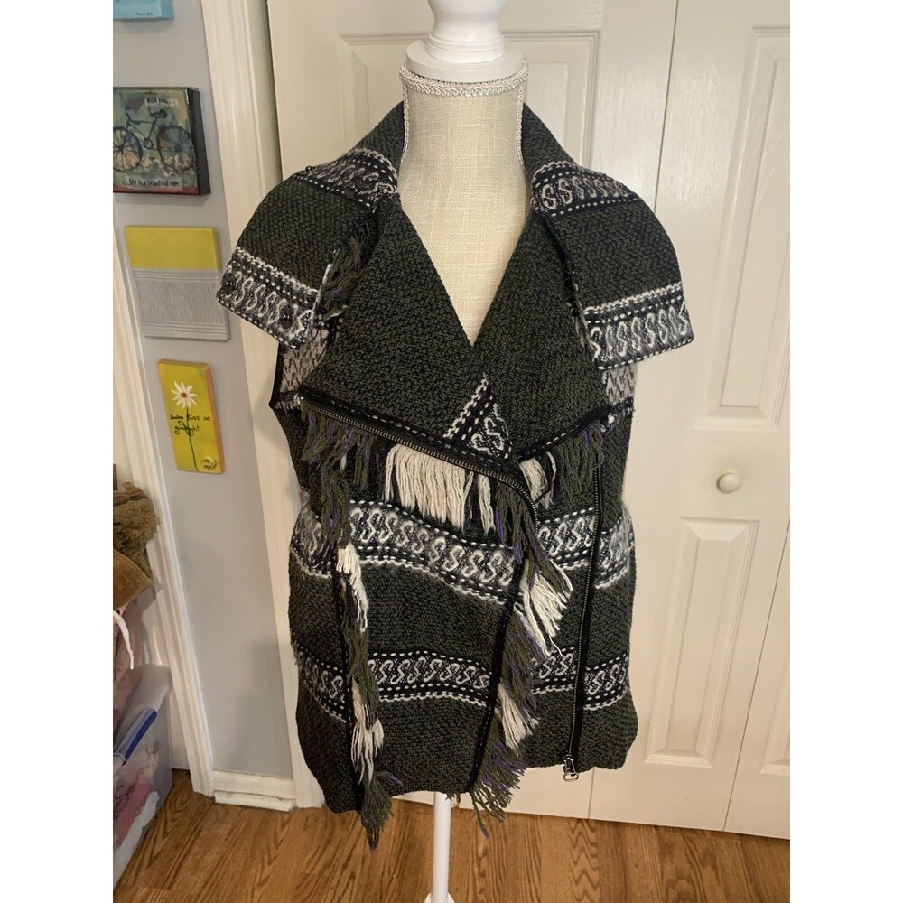 Edun Womens's Fair Isle Pattern Fringe Winter Vest Sz Small